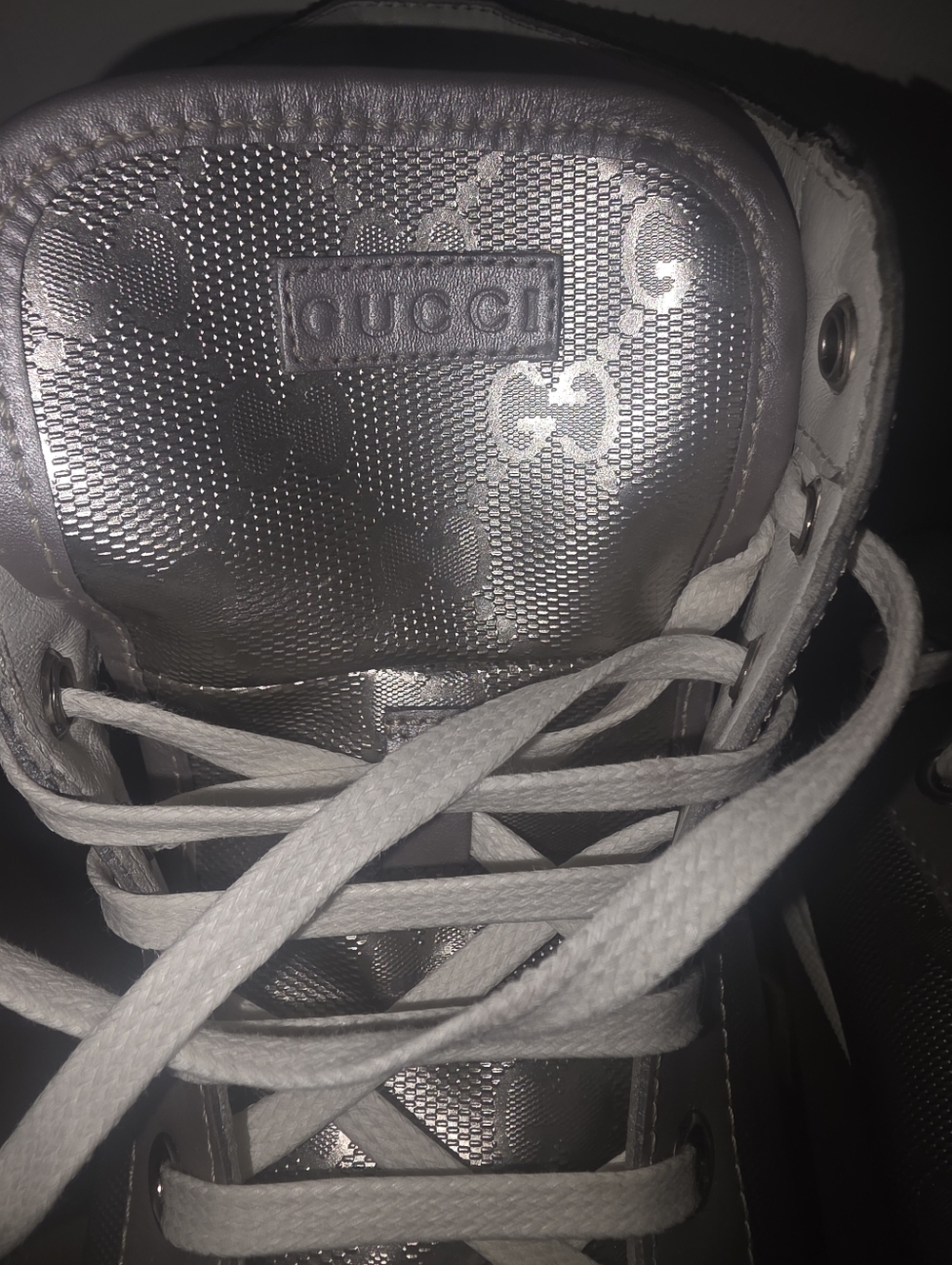 Gucci Silver High-Top Sneakers with Signature Monogram and Web Stripe - Picture 4 of 11